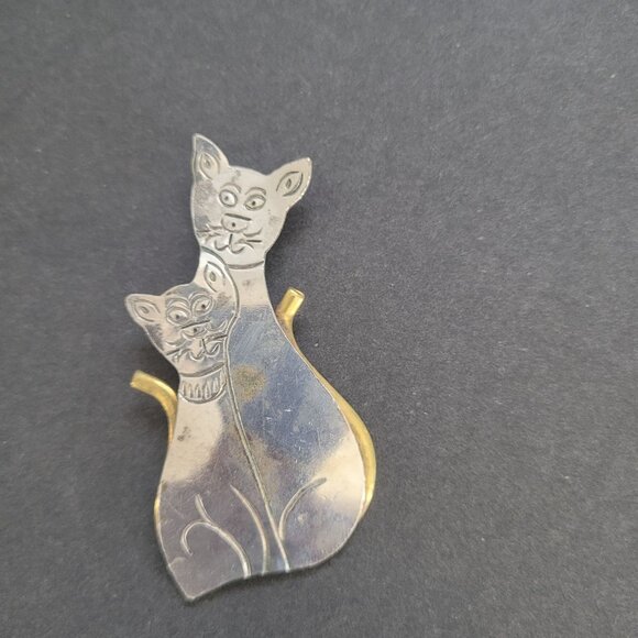 Vintage Brass SterlingTwo Cats Silver & Gold-Tone Brooch Pin Jewelry Accessory - Picture 2 of 8